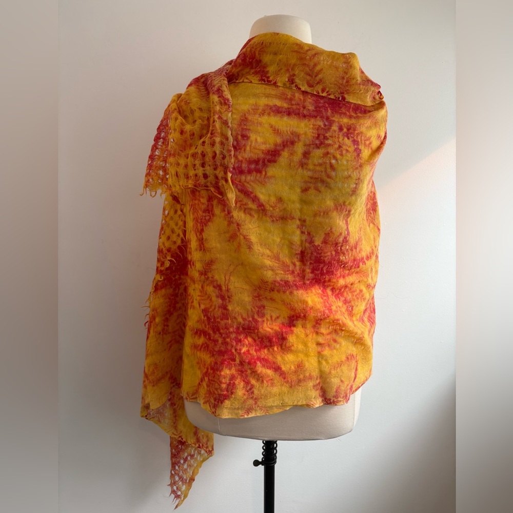 Anthropologie pink and yellow printed woven wool scarf / shawl